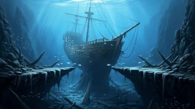 Sunken pirate ship at ocean bottom. Underwater wreck fantasy world, ancient ship graveyard with glowing fish, light rays from above.
