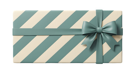 Gift wrapped present with green and white diagonal stripes and a matching bow