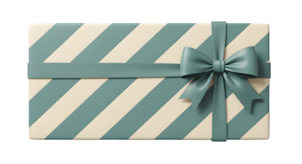 Gift wrapped present with green and white diagonal stripes and a matching bow