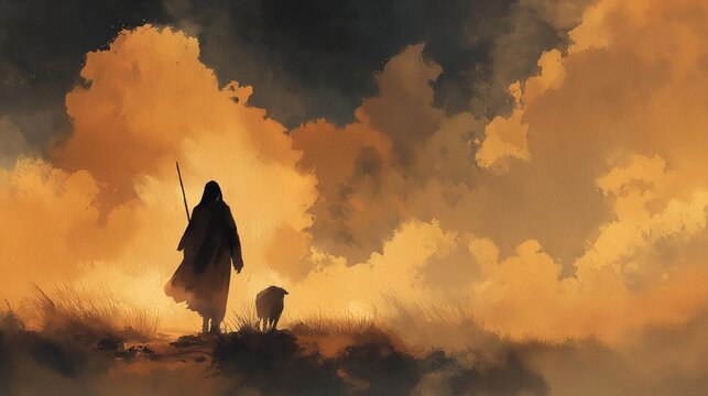 Watercolor painting of Jesus the Good Shepherd walking with the lost lamb on a dusty sunset path of faith