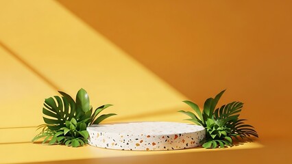 display with a terrazzo round podium set with golde yellow backdrop