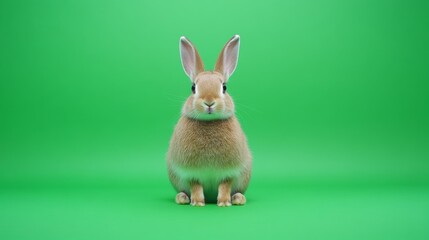 Fototapeta premium Cute young rabbit sitting against a bright green screen background