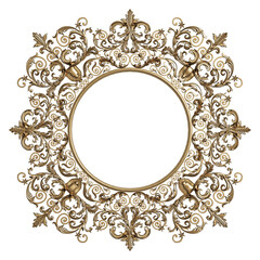 Classic golden round frame with ornament decor isolated on white background