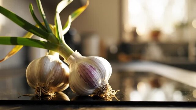 Close-up of garlic bulbs and green shoots on kitchen countertop in warm