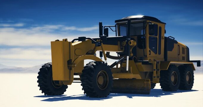 A large yellow road grader is parked on a construction site, ready for action. Bright sunlight illuminates the scene, highlighting the machinerys robust design against the vivid sky.