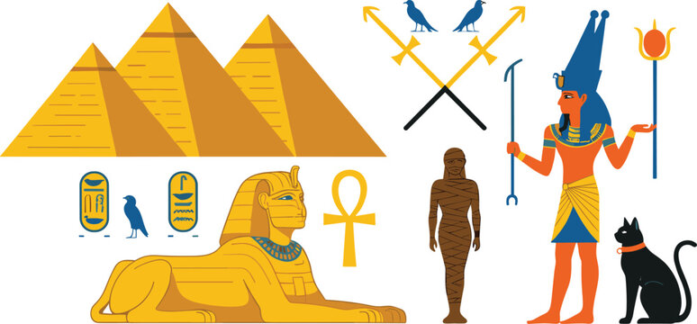 Ancient Egypt symbols and gods collection with pyramids sphinx ankh pharaoh mummy isolated flat vector illustration