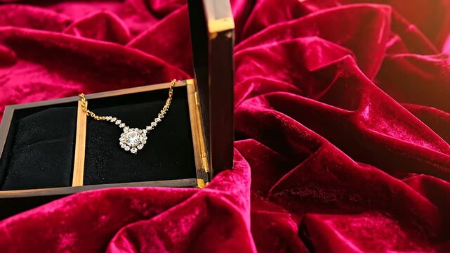 A diamond necklace lies in its wooden case, set against a rich, velvet backdrop of deep ruby red