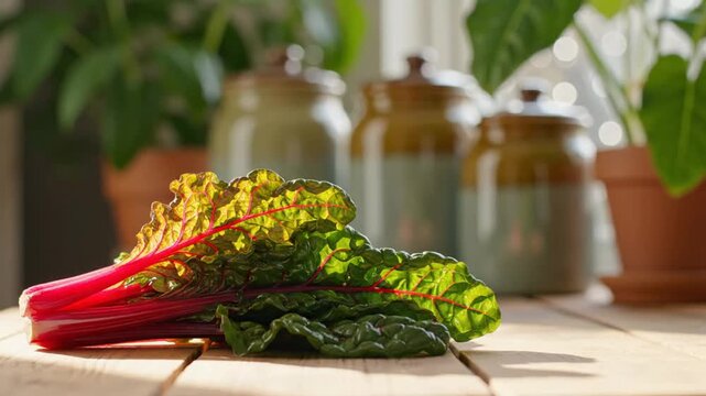 Fresh Swiss Chard Leaves on a Wooden Surface with Green Background