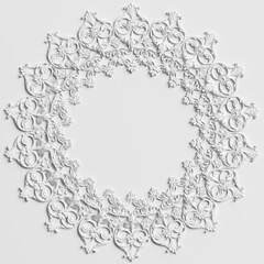 Classic white round frame with ornament decor on the white wall