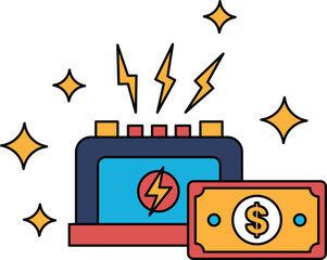 A black and white drawing of a battery with a dollar bill on top of it