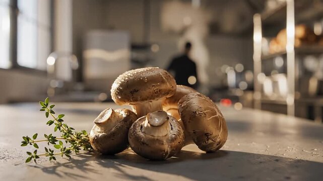 Close-up of fresh brown mushrooms with sprigs of thyme on a kitchen counter