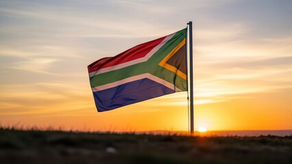 A South African flag waves in the wind against a vibrant, golden sunset sky