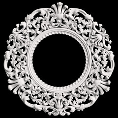 Classic white round frame with ornament decor isolated on black background