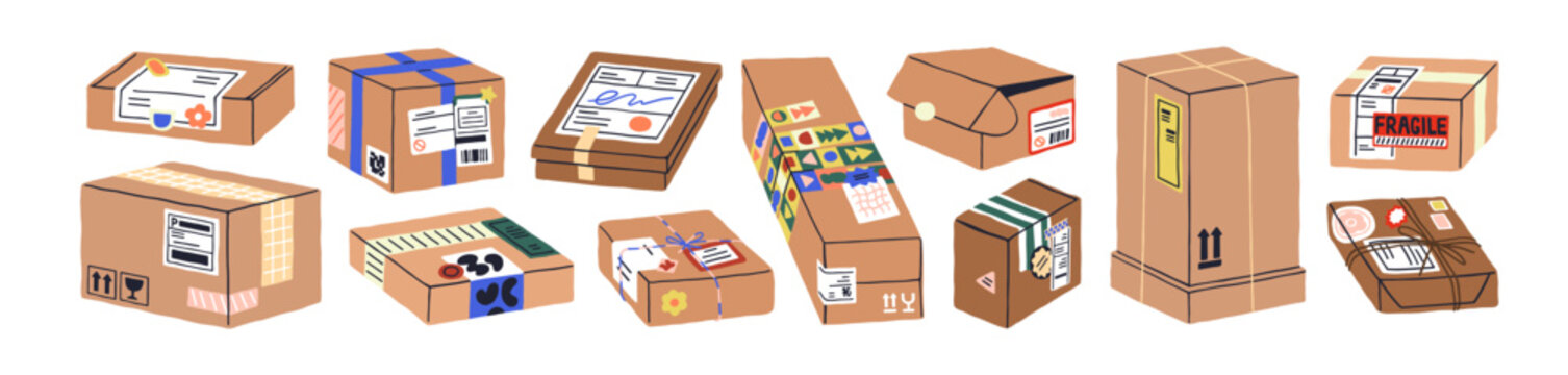 Cardboard boxes, parcels set. Brown carton packages with labels, tapes, stickers, strings and markings. Goods in packs for order delivery. Flat vector illustration isolated on white background