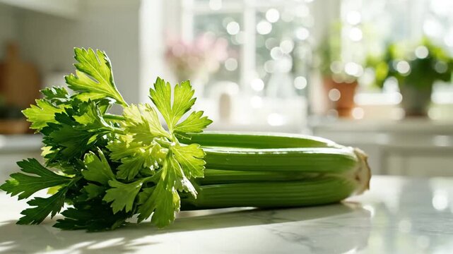 Fresh green celery stalks with leaves on a white kitchen countertop in natural