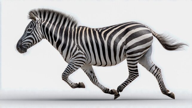 A striking zebra running across a white background, captured in motion