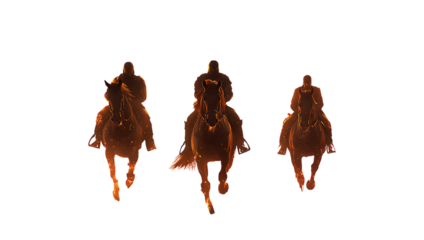 Three fiery horsemen riding through darkness isolated on a transparent background