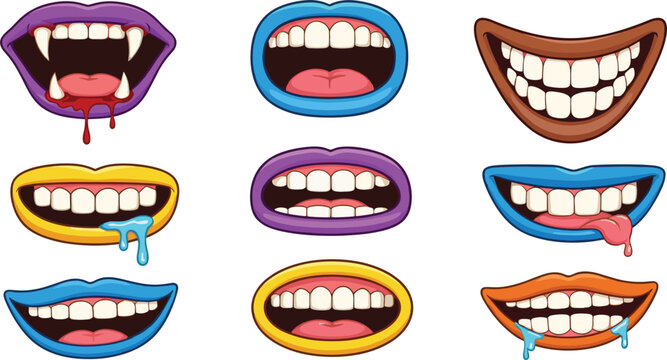 Cartoon mouth expressions collection with smiling laughing vampire and dripping lips isolated colorful flat vector illustration