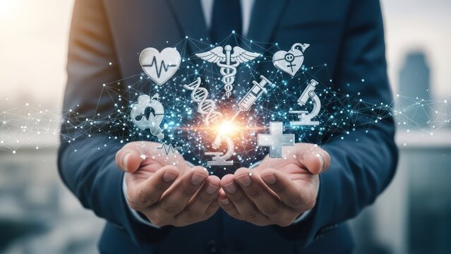 Businessman holds healthcare icons connected by a network with bright light in center - Powered by Adobe