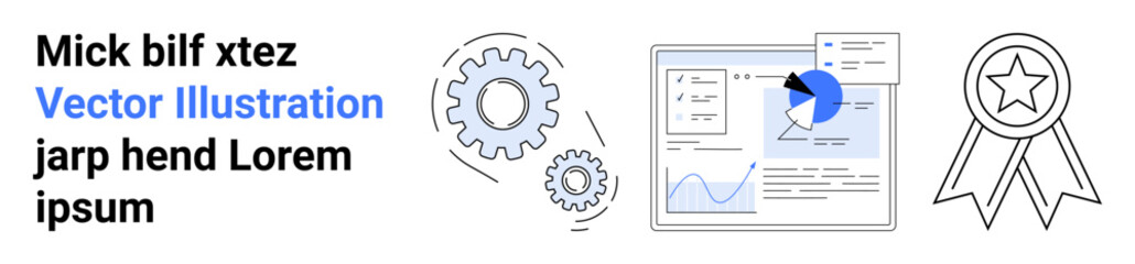 Business management, data analysis, workflow improvement, digital tools, achievement, innovation. Includes gears, analytics dashboard and achievement badge. Business and data analysis concept