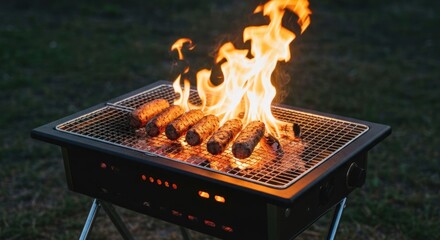 Close-up of food cooking over bright flames on an outdoor grill
