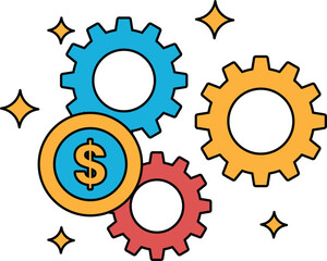 A black and white drawing of gears with a dollar sign in the middle