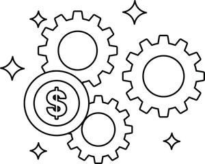 A black and white drawing of gears with a dollar sign in the middle