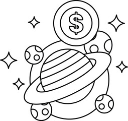 A black and white drawing of a planet with a dollar sign on it