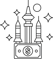 A building with three towers and a dollar bill on top