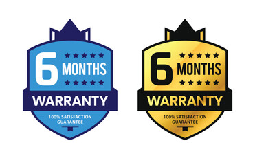 6 Month Warranty badge with unique gold shield and ribbon. For label, icon, seal, sign, stickers, tags, logo, symbol, stamp, template. Vector illustration