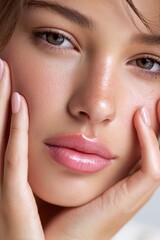 Obraz premium a model with beautiful hands and perfect skin on the face and neck, touching her cheek with both hands.