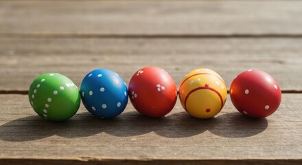 Five vibrantly painted eggs sit on weathered wooden planks, Easter themed
