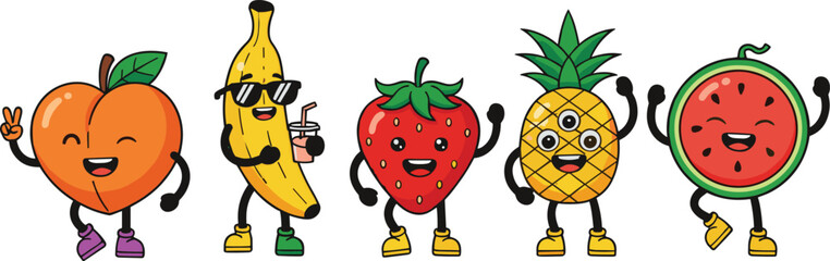 Cute cartoon fruit characters set with banana strawberry pineapple watermelon smiling mascots isolated flat vector illustration