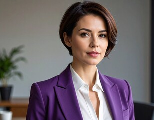 a brunette woman with short hair wearing a purple jacket and a white top shirt in the office, fashion photography
