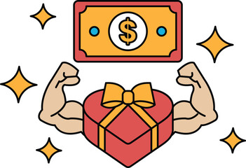 A dollar bill is on top of a box with a bow