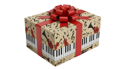 A gift box wrapped in music themed paper with piano keys and a red bow