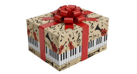 A gift box wrapped in music themed paper with piano keys and a red bow