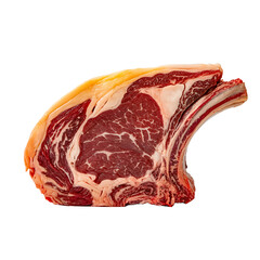 Fototapeta premium A large raw bone-in beef rib roast with marbling displayed on a black background