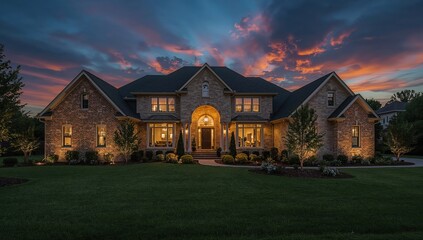 Spacious luxury house with illuminated windows, evening exterior view, residential property marketing image