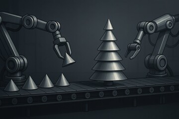 Automation and Innovation: Robotic Arms Constructing a Metallic Christmas Tree on a Production Line with Conical Shapes and Industrial Precision