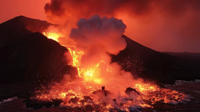 Volcanic eruption with lava flowing into the ocean at night.