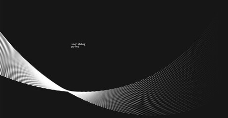 Abstract background vector illustration over black, dots in motion by curve lines, particles flow wave isolated, monochrome black and white illustration.