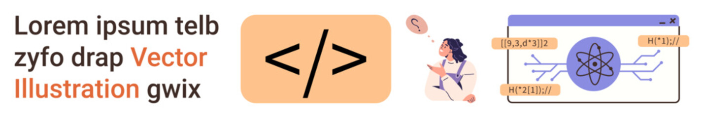 Web development, coding, STEM education, digital technology, IT workflows, data flow processes. Coding symbol, developer figure connection diagram with input-output arrows. Web development