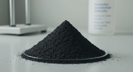 Black powder mound on a plate, with a lab setting