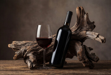 Glass of red wine and bottle on rustic wooden table with dry driftwood, elegant still life composition evoking sophistication and vineyard tradition