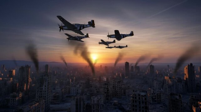Historical war scenario with fighter planes flying over a destroyed cityscape at sunset, symbolizing conflict and destruction