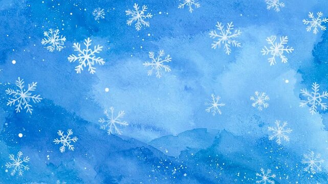 A watercolor painting of falling snowflakes on a blue background, with artistic texture
