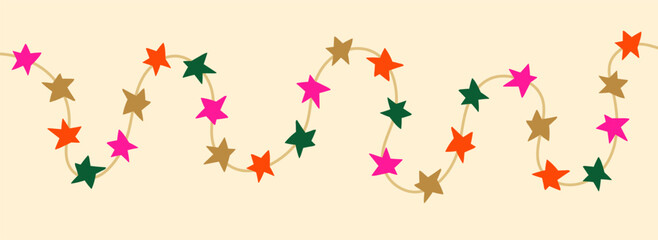 Star garland with colorful festive starry lights on twisted curvy wavy string. Christmas and New Year sparkling ornament. Xmas decoration. Flat vector illustration isolated on white background