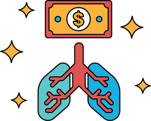 A dollar bill is on top of a drawing of lungs