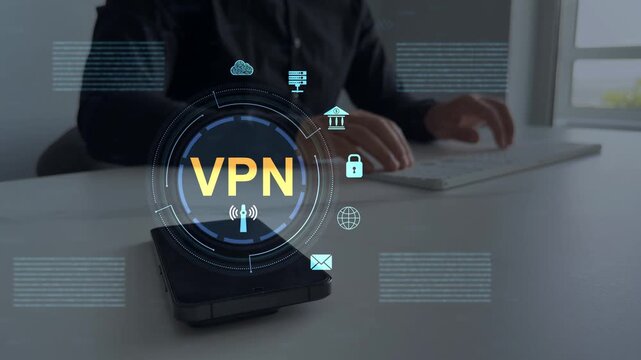 Remote server private internet network to protect privacy personal data.Digital connection between computer and a remote server owned VPN provider.VPN(Virtual Private Network) secure connection.